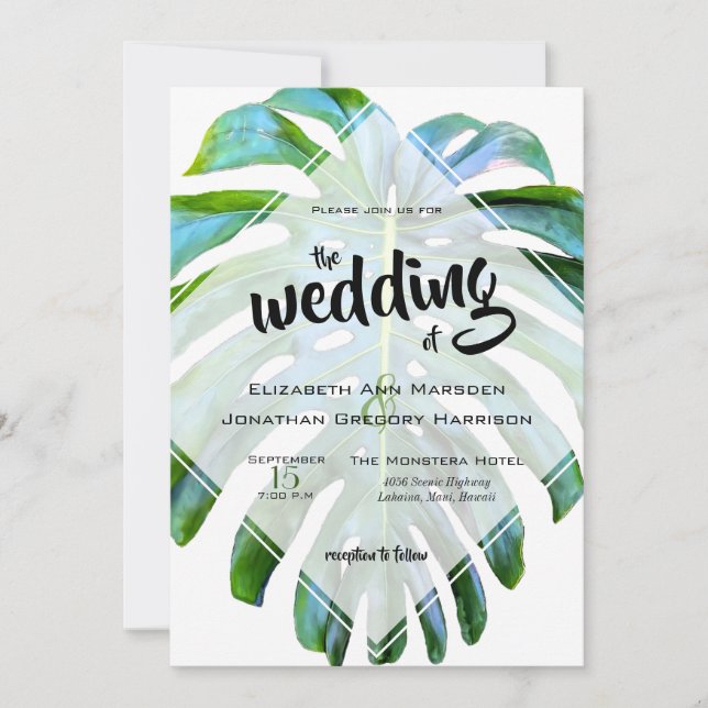 Elegant Tropical Beach Wedding Monstera Leaf Invitation (Front)