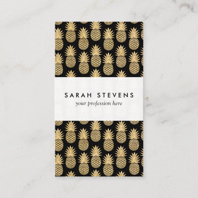 Elegant Tropical Black and Gold Pineapple Pattern Business Card (Front)
