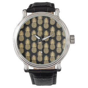 Elegant Tropical Black and Gold Pineapple Pattern Watch
