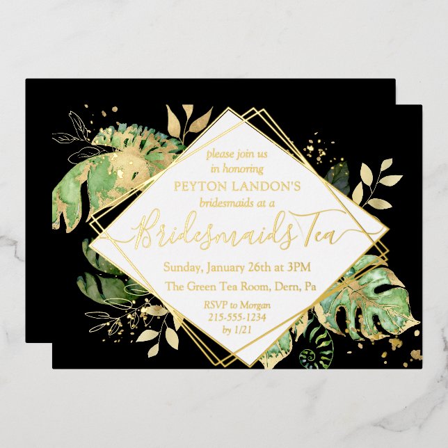Elegant Tropical Black & Gold Bridesmaid Tea Party (Front/Back)