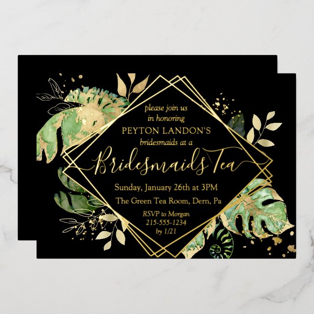 Elegant Tropical Black & Gold Bridesmaid Tea Party (Front/Back)