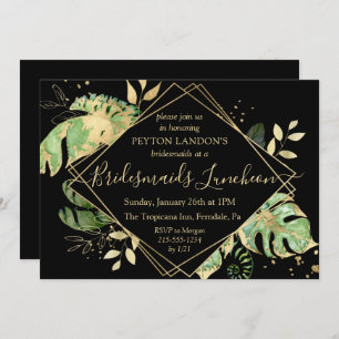 Elegant Tropical Black & Gold Bridesmaids Luncheon Invitation