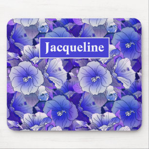 Elegant Tropical Blue And White Hibiscus Flower Mouse Mat