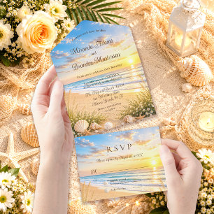 Elegant Tropical Blue Ocean Waves Beach Wedding All In One Invitation
