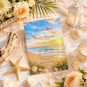 Elegant Tropical Blue Ocean Waves Beach Wedding Invitation
