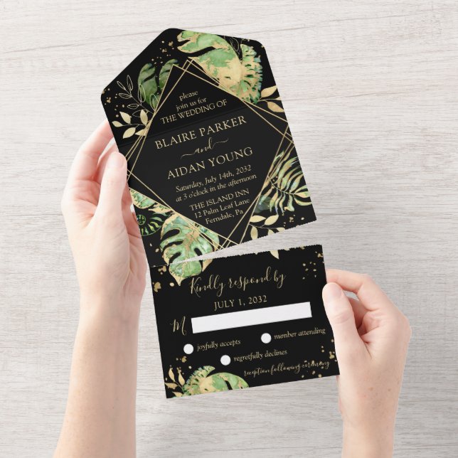 Elegant Tropical Botanical Black & Gold Wedding All In One Invitation (Tearaway)