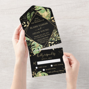Elegant Tropical Botanical Black & Gold Wedding All In One Invitation