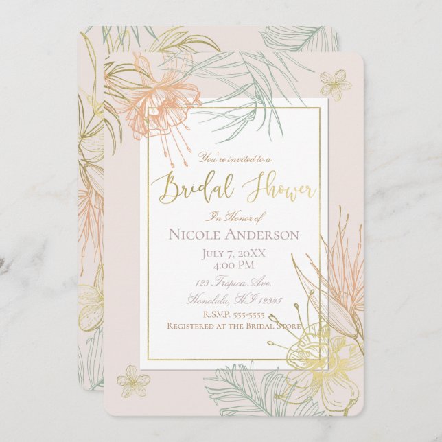 Elegant Tropical Botanical Floral Bridal Shower Invitation (Front/Back)