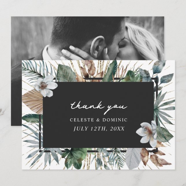 Elegant Tropical Botanical Wedding Photo Thank You (Front/Back)