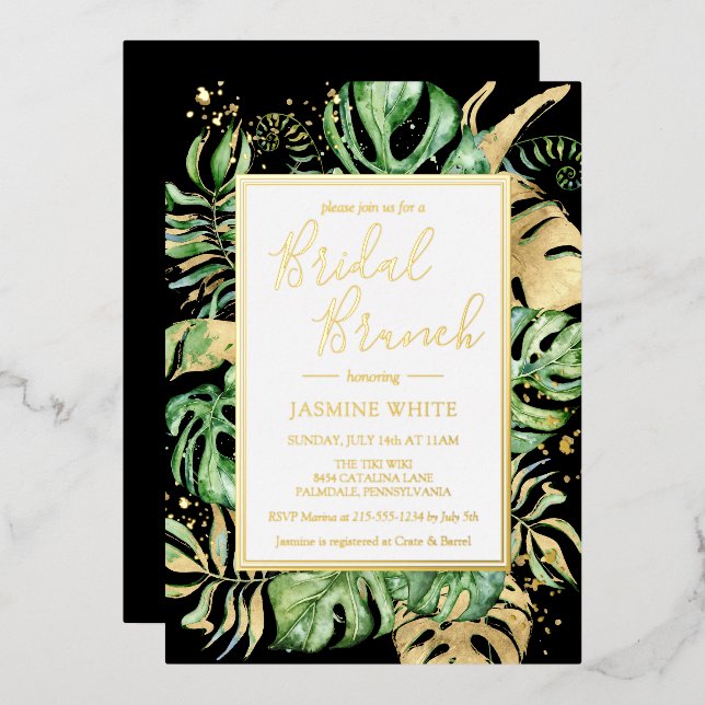 Elegant Tropical Bridal Brunch Shower Black & Gold (Front/Back)