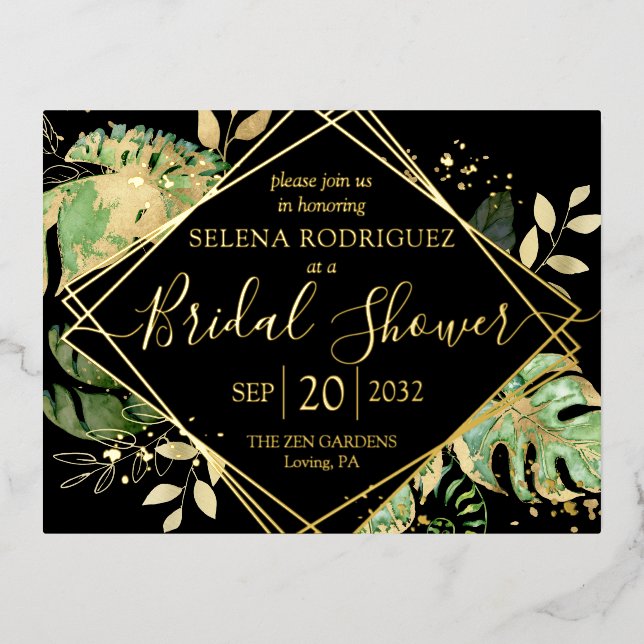 Elegant Tropical Bridal Shower Black & Gold Foil Invitation Postcard (Front)