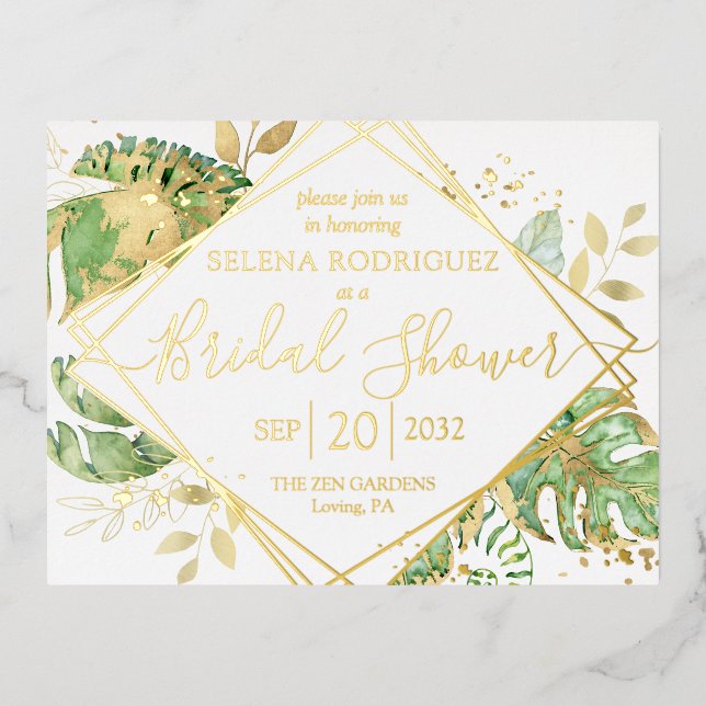 Elegant Tropical Bridal Shower Gold Foil Invitation Postcard (Front)