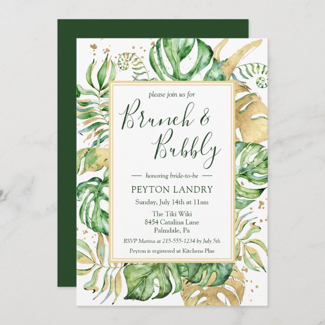Elegant Tropical Brunch & Bubbly Bridal Shower Invitation (Front/Back)