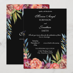 Elegant Tropical Burgundy & Blush Black Wedding V2 Invitation