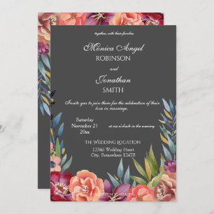 Elegant Tropical Burgundy & Blush Grey Wedding V2 Invitation