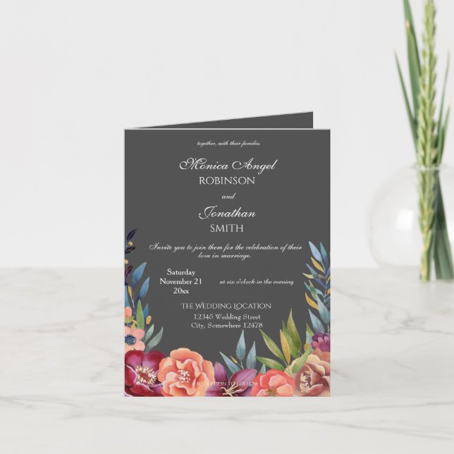 Elegant Tropical Burgundy Grey Wedding Folded Invitation (Front)