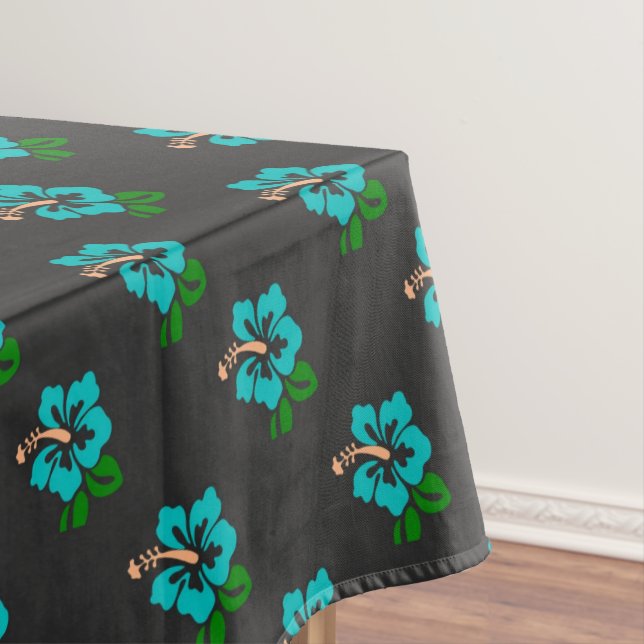 Elegant Tropical Chic Cute Teal Hibiscus Floral Tablecloth (In Situ)