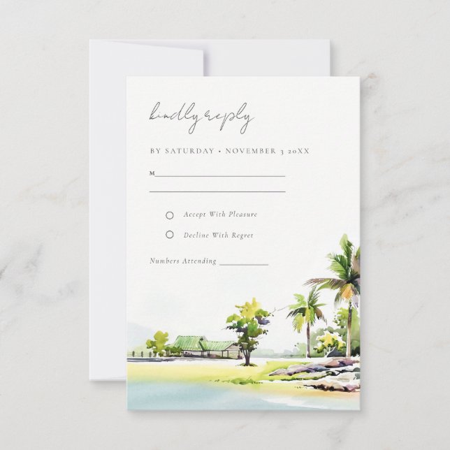 Elegant Tropical Coastal Beach Palm Tree Wedding RSVP Card (Front)