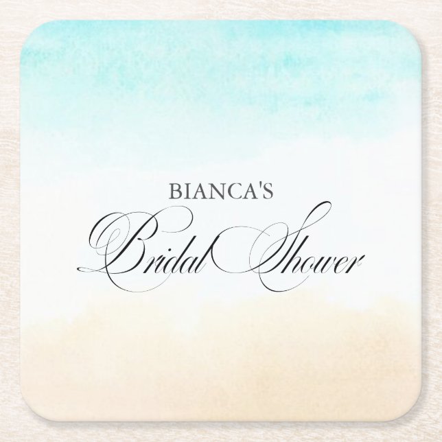 Elegant Tropical Coastal Bridal Shower Square Paper Coaster (Front)