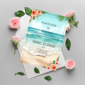 Elegant Tropical Coastal Hawaiian Beach Wedding Invitation