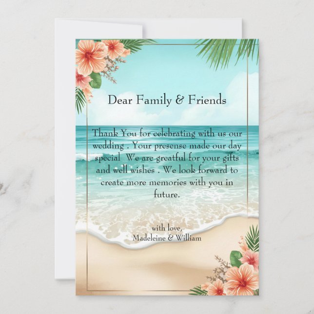 Elegant Tropical Coastal Hawaiian Beach Wedding Thank You Card (Front)
