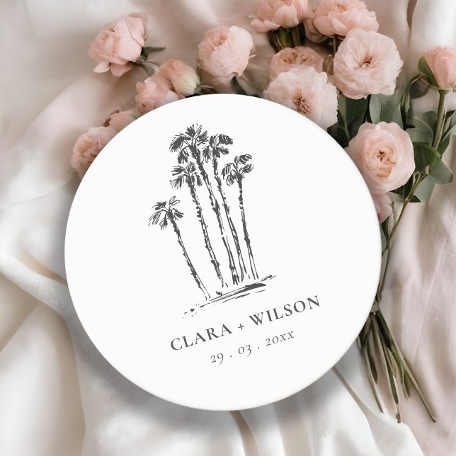 Elegant Tropical Coastal Palm Tree Sketch Wedding Round Paper Coaster (Creator Uploaded)