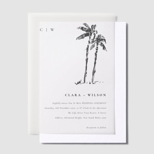 Elegant Tropical Coastal Palm Tree Sketch Wedding Vellum Invitations (Offset)