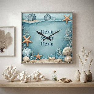 Elegant Tropical Coastal Starfish Aqua Beach House Square Wall Clock