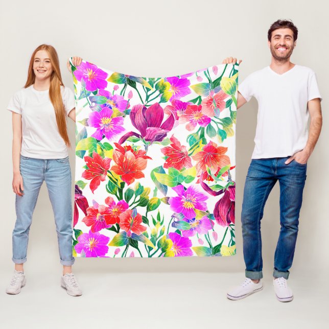 Elegant Tropical Colourful Flowers Fleece Blanket (In Situ)