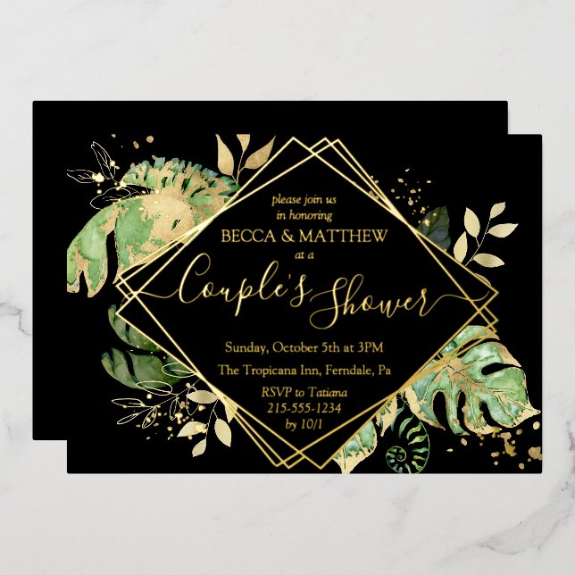 Elegant Tropical Couple's Shower Black & Gold Foil (Front/Back)