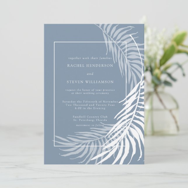 Elegant Tropical Dusty Blue and White Wedding Invitation (Standing Front)