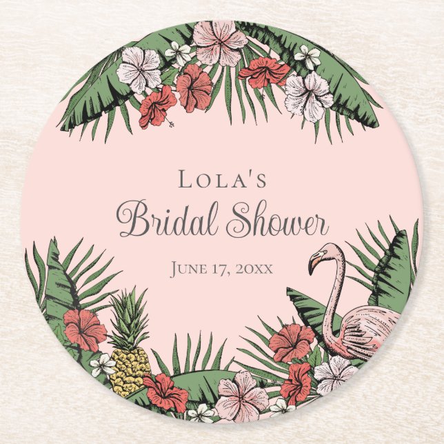 Elegant Tropical Flamingo & Hibiscus Bridal Shower Round Paper Coaster (Front)