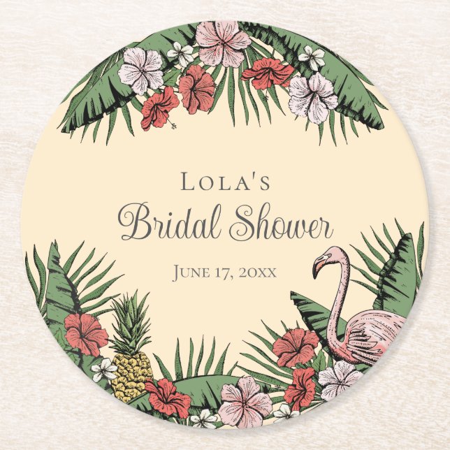 Elegant Tropical Flamingo & Hibiscus Bridal Shower Round Paper Coaster (Front)