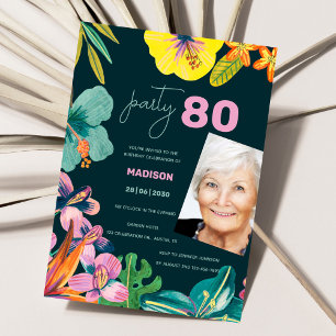 Elegant Tropical Floral 80th Birthday Party Photo Invitation