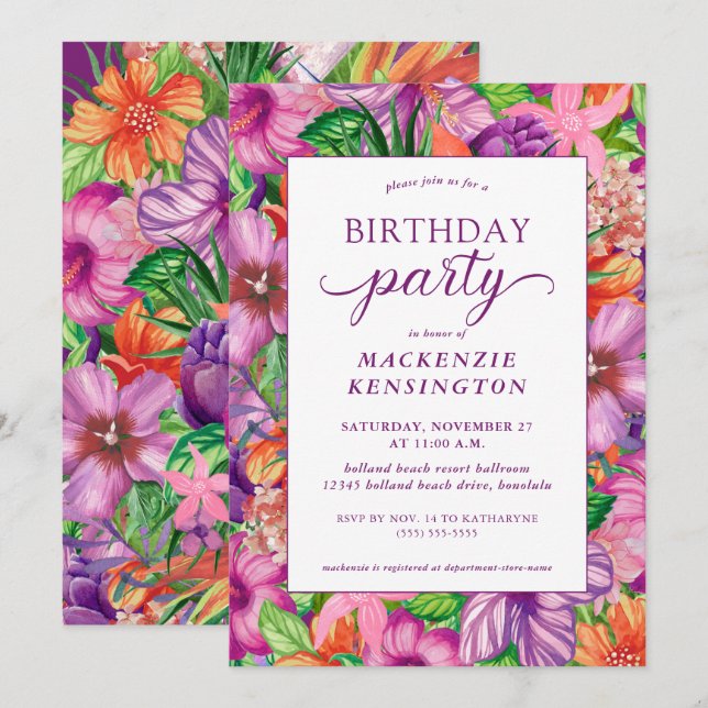 Elegant Tropical Floral Birthday Party Invitation (Front/Back)