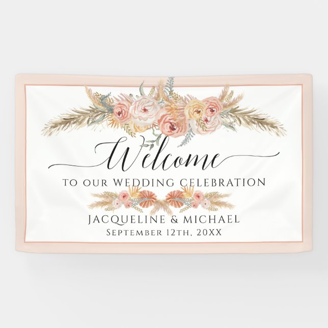 Elegant Tropical Floral Blush Peach Pampas Wedding Banner (Horizontal)