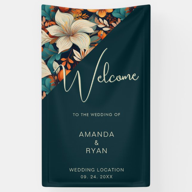 Elegant Tropical Floral Flower Pattern Wedding  Banner (Vertical)