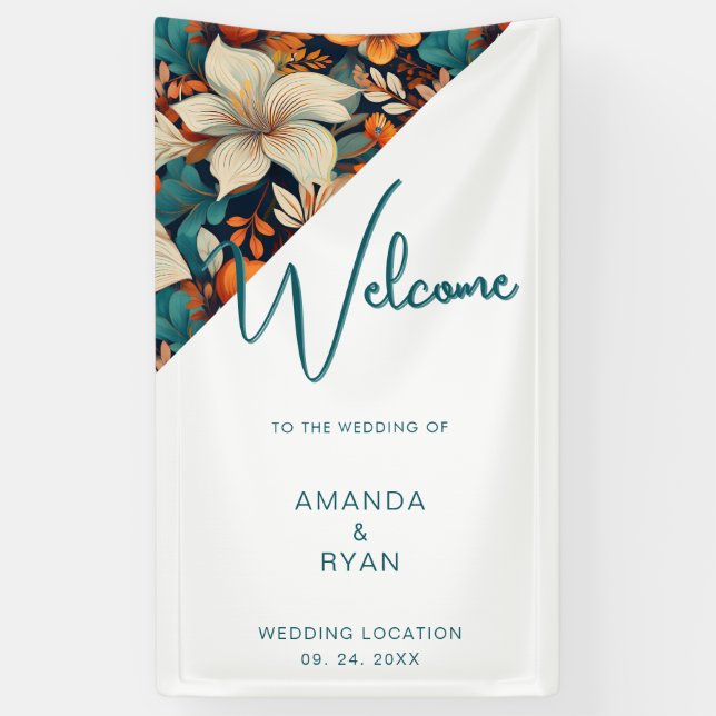 Elegant Tropical Floral Flower Pattern Wedding  Banner (Vertical)