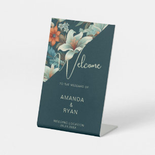 Elegant Tropical Floral Flower Pattern Wedding  Pedestal Sign