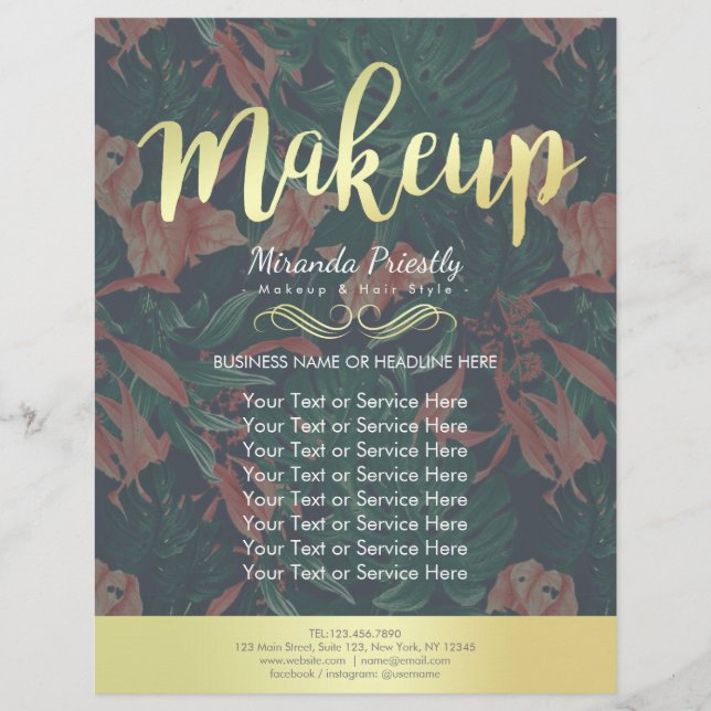 Elegant Tropical Floral Gold Script Makeup Salon Flyer (Front)