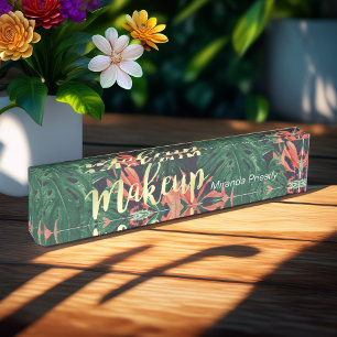 Elegant Tropical Floral Gold Script Makeup Salon Nameplate