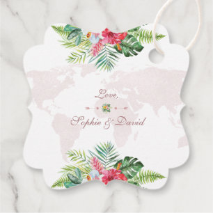 Elegant Tropical Floral Gold World Map Wedding Favour Tags