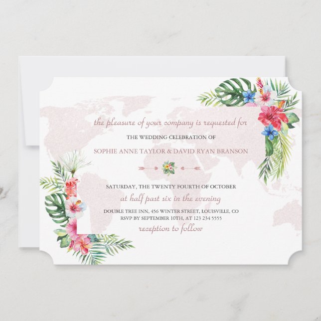 Elegant Tropical Floral Gold World Map Wedding Invitation (Front)