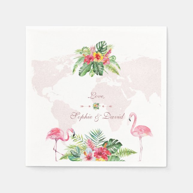 Elegant Tropical Floral Gold World Map Wedding Napkin (Front)