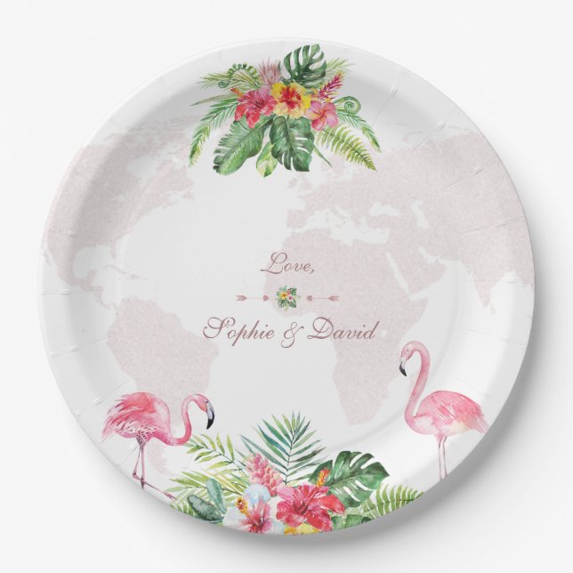 Elegant Tropical Floral Gold World Map Wedding Paper Plate (Front)