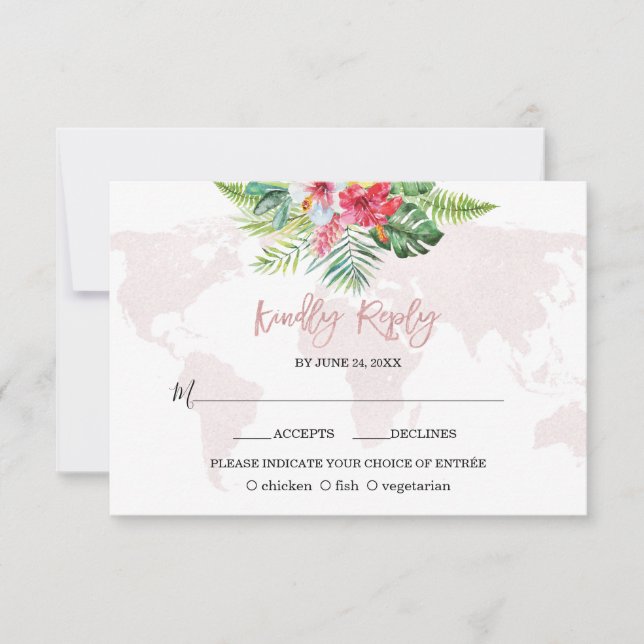 Elegant Tropical Floral Gold World Map Wedding RSVP Card (Front)