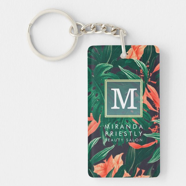 Elegant Tropical Floral Modern Gold Frame Monogram Key Ring (Front)