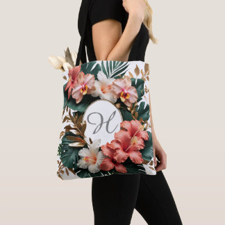 Elegant Tropical Floral Monogram Tote Bag