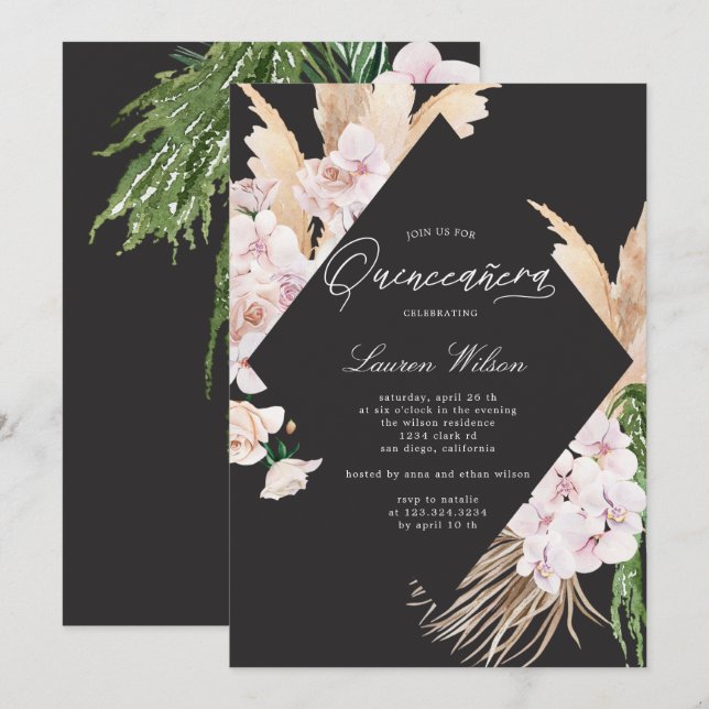 elegant tropical floral Quinceanera Invitation (Front/Back)