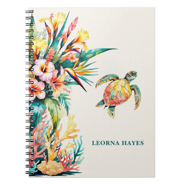 Elegant Tropical Floral Sea Turtle Notebook (Front)